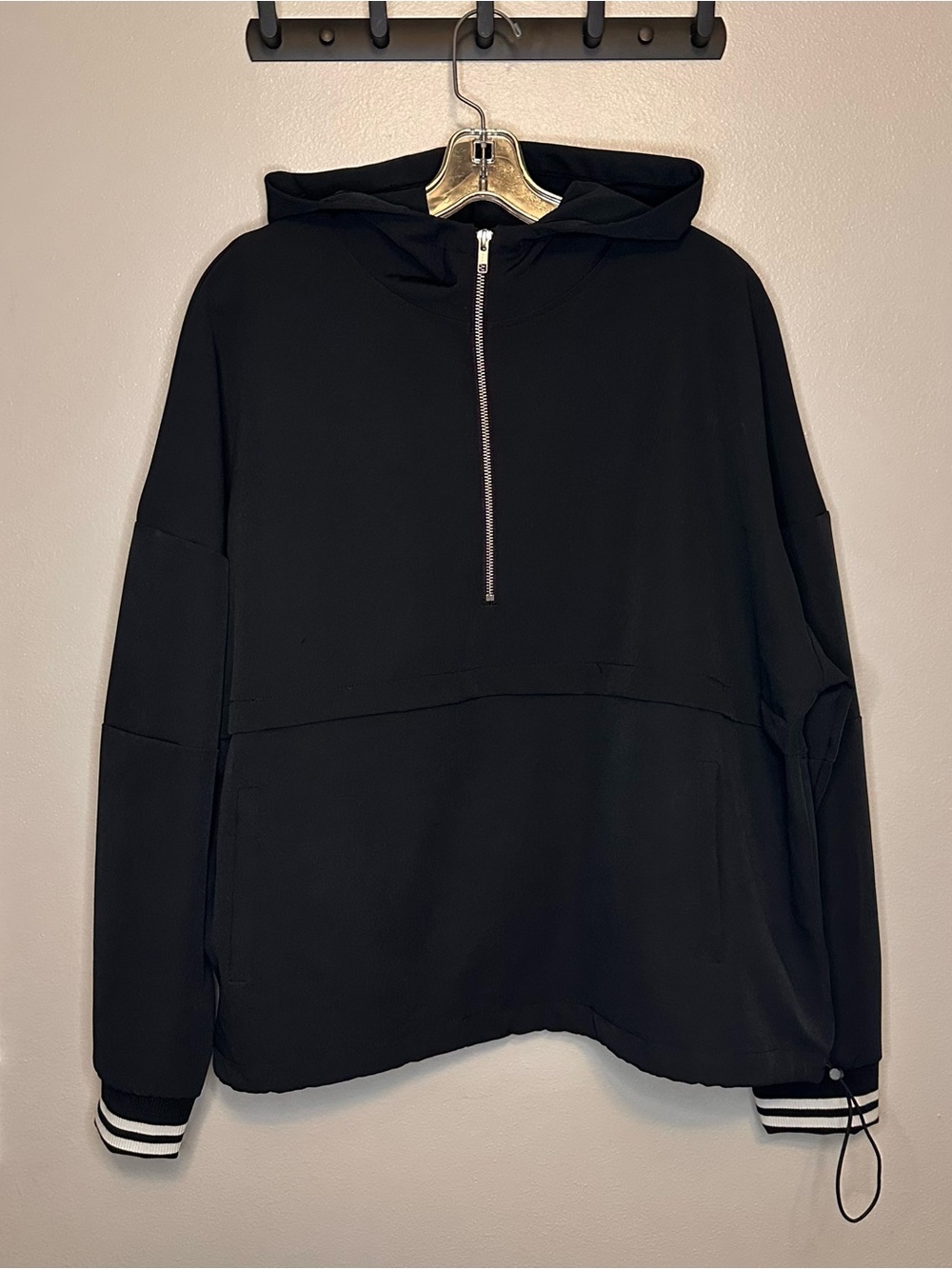 Avia Black Zip-Up Hooded Pullover with Striped Cuffs